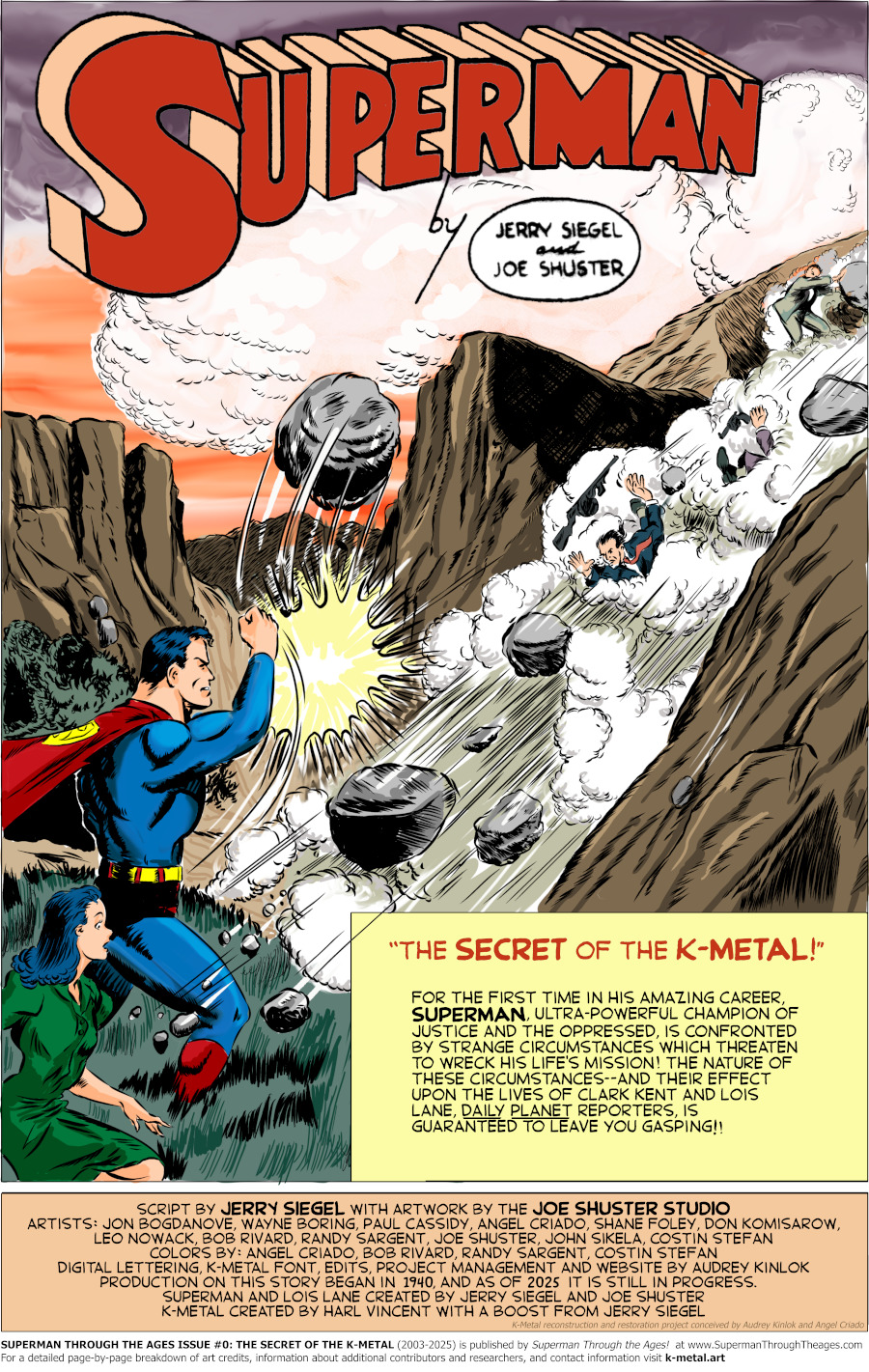 "The Secret of the K-Metal!" page one, restored. Wayne Boring and Angel Criado;2025