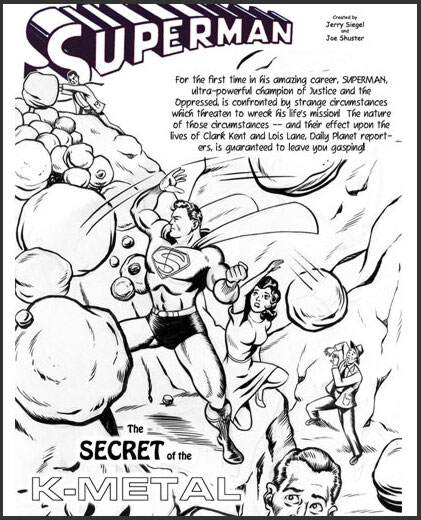 The Secret of the K-Metal, page one, our original version. Artwork by Angel Criado and Bob Rivard; 2004